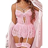 Avidlove Sexy Lingerie for Women Naughty Lace Bodysuit Lingerie Skirt Set Teddy Babydoll Nightgown with Garter Belt S-XXL
