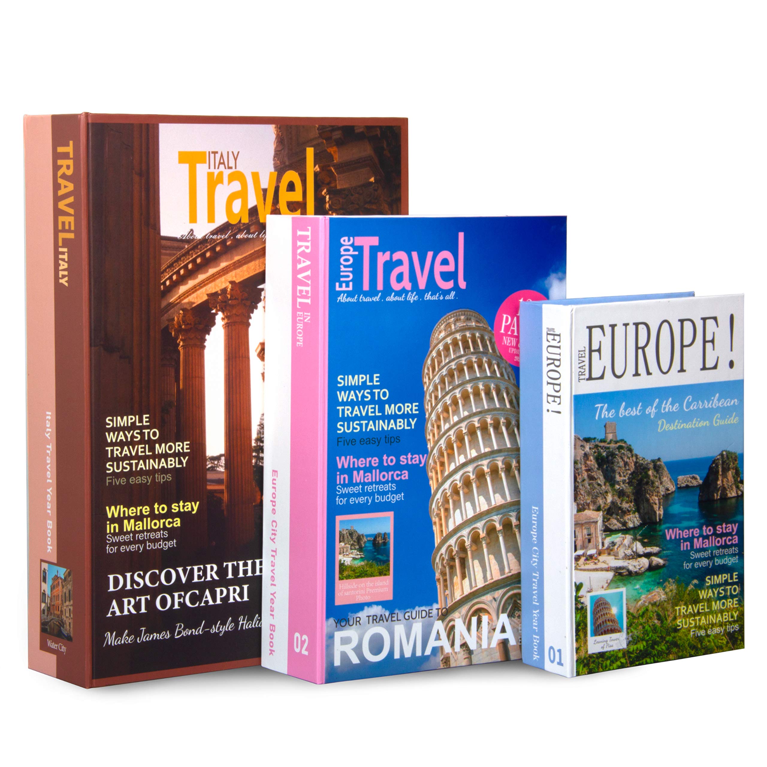 ANZON MORIES Decorative Book Box Set, Money Box, 3 Designs, Large 12", Med 10" Small 8", Magazine Style Decorative Storage Box for Home Bookshelf Decor, Hidden Item