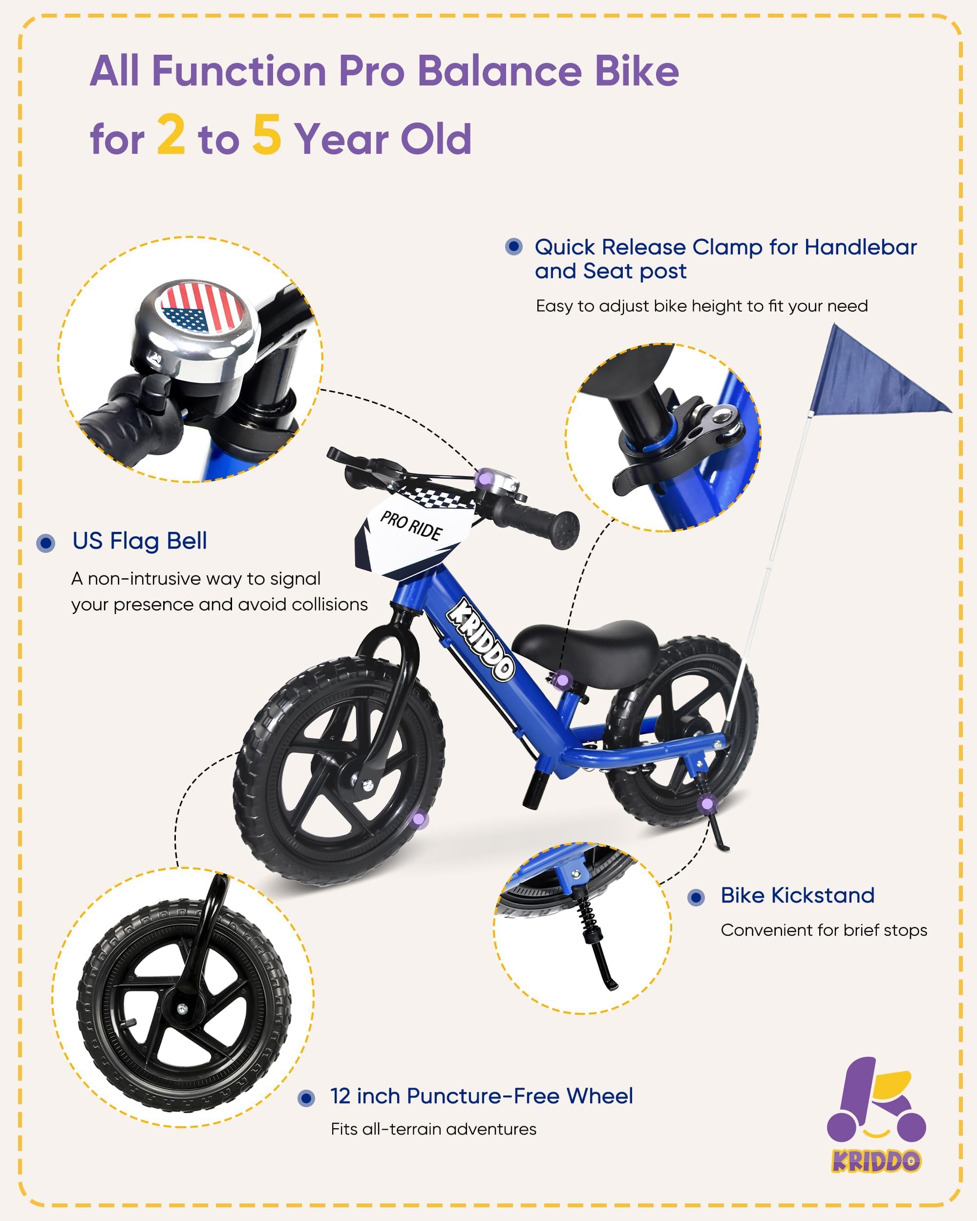 KRIDDO Pro Toddler Balance Bike 2+ Year Old with Hand Brake and Kickstand, 12 Inch Push Bicycle, Gift Bike for 2-5 Boys Girls, Blue