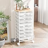 Ekisemio Rolling Cart with 8 Drawers, Art Cart with Storage Drawers and Wooden Tabletop, Utility Craft Cart for Living Room, White