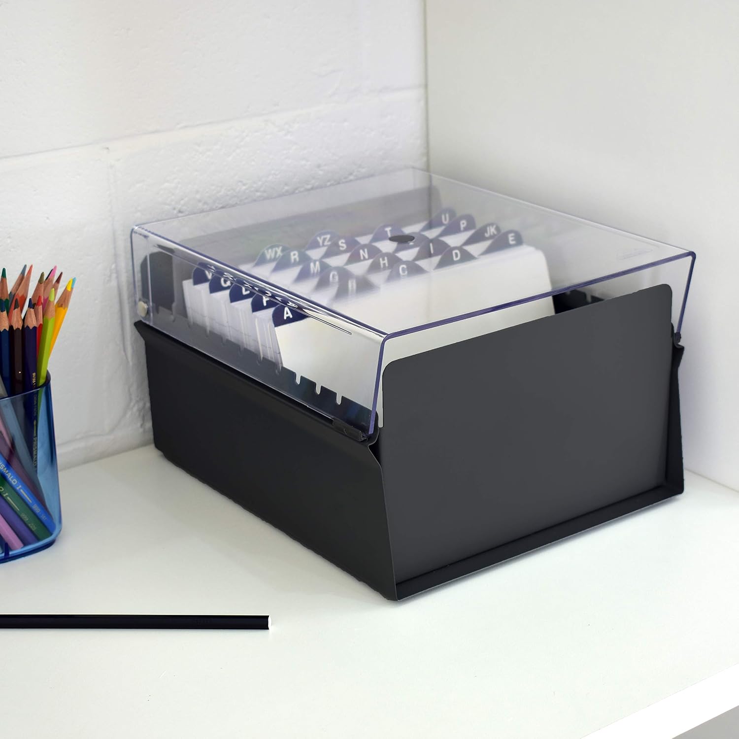 Acrimet 5'' X 8'' Card File Holder Organizer Box Metal Base Heavy Duty (AZ Index Cards 205mm Width x 138mm Height and Divider Included) (Black Color with Clear Crystal Plastic Lid Cover) - Image 3