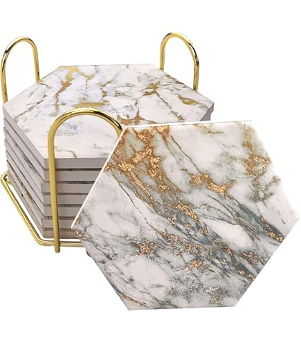 Juego De 6 Posavasos De Mármol Blanco Con Soporte Metálico | Base De Corcho Antideslizante | Cerámica Absorbente De 4 Pulgadas | Regalo Elegante Para Hogar