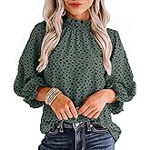 Avanova Women Polka Dot Long Sleeve Blouse Shirts Work Mock Neck Ruffle Top