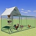 Large Metal Chicken Coop with Climbing Frame Walk-in Poultry Cage with Waterproof&Anti-UV Cover, Galvanized Steel Spire Top Coops with Door for Outdoor Backyard Farm Use 9.8×3×5ft