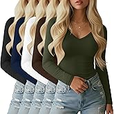 Sweetyweee 5 Pack Long Sleeve V Neck T Shirts for Women, Cotton Slim Fitted Shirt Casual Tight Basic Tee Tops for Layering