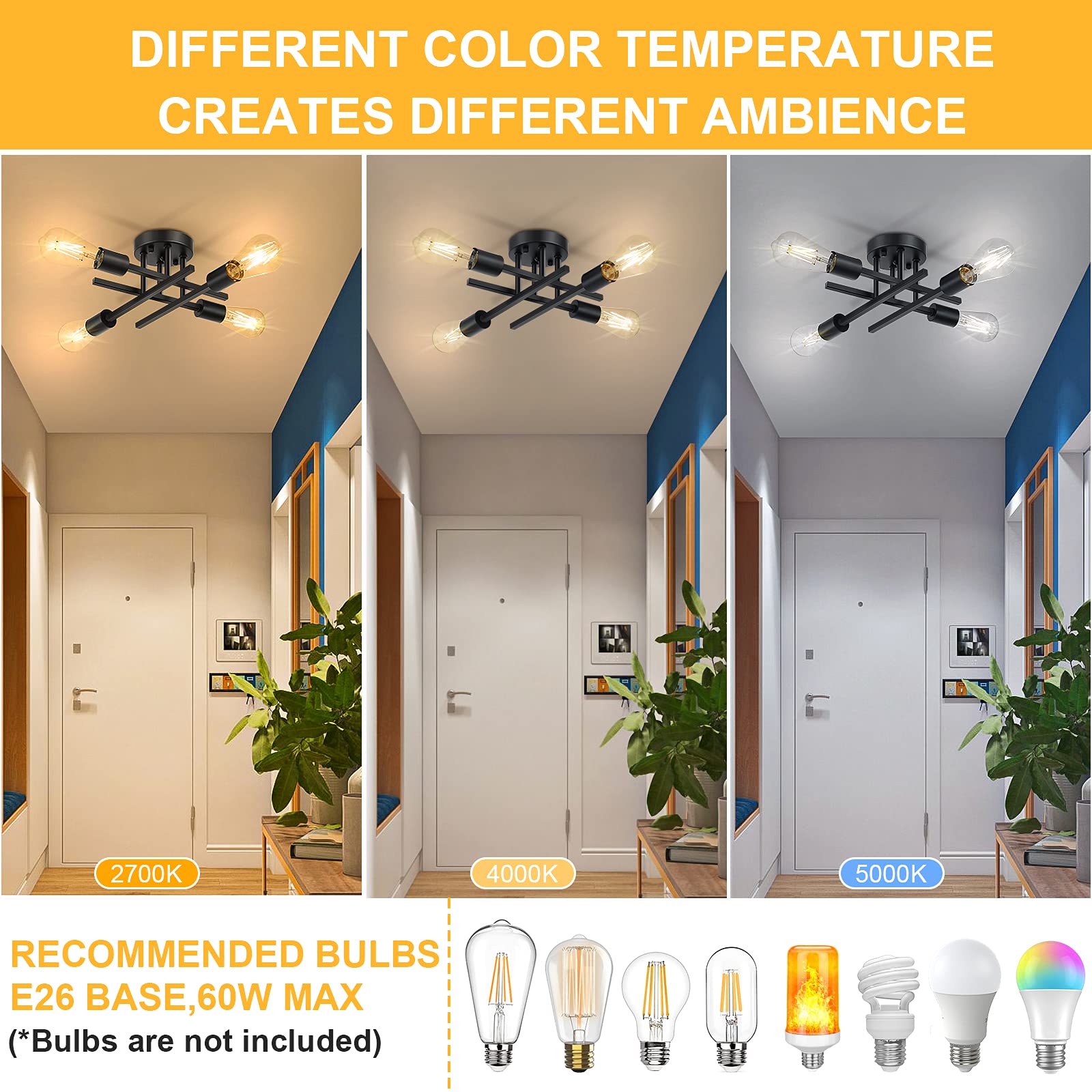 SunRider Industrial 4-Light Semi Flush Mount Ceiling Light Fixture, Modern Farmhouse Lights Matte Black, Rustic Sputnik Chandelier for Bedroom Foyer