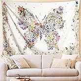 Damanse Butterfly Tapestry Wall Hanging Cute,Boho Wall Tapestry for Bedroom Aesthetic,Flower Living Room Decor for Teen Girls (White, 49.20