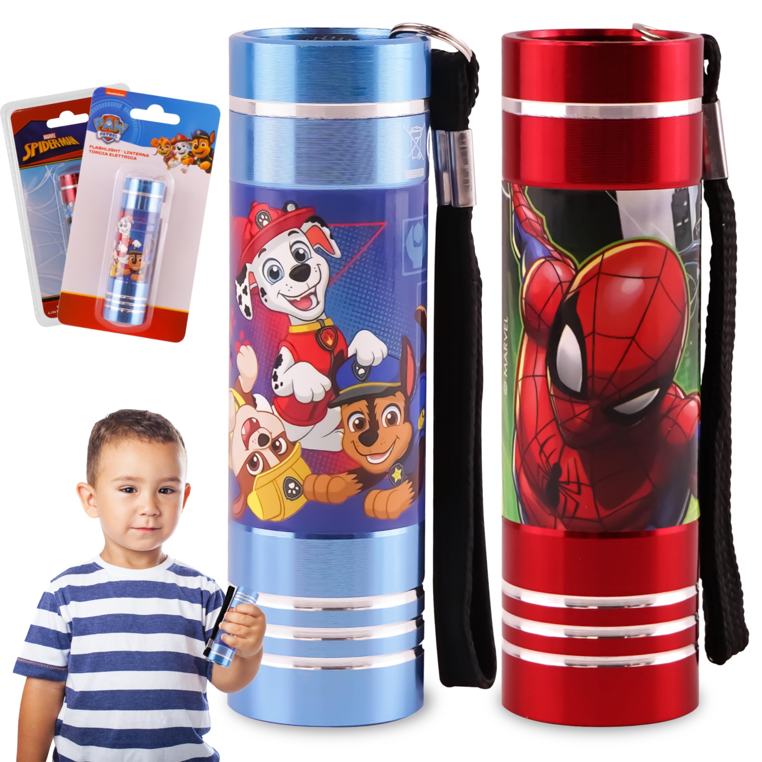 2Pcs Children's Christmas Torches, PAW Patrol and Spiderman LED Torch, Super Bright LED Aluminium Torches, Nightlights with Lanyard for Travel, Kids Xmas Flashlights Gift 3+ Years Size - 8.7cm