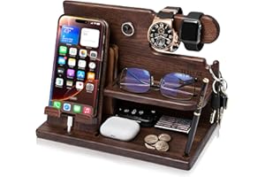 TESLYAR Wood Phone Docking Station - Gifts for Men - Desk or Nightstand Organizer - Birthday Gift for Husband, Dad - Annivers