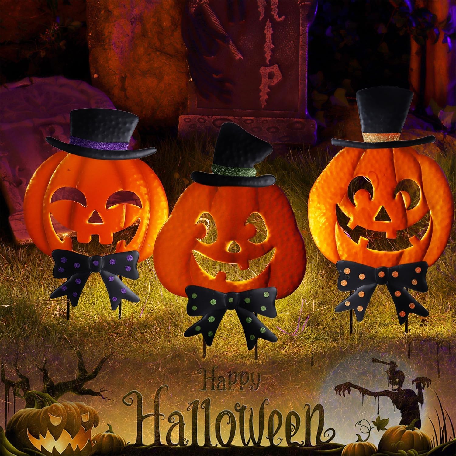 Decorative Garden Stakes - Juegoal 3 Pack Halloween Lighted Pumpkin Garden Stakes, Light Up Metal Jack-o-Lantern with Witch Hat, Outdoor Halloween Yard Signs Battery Powered & Timer, Decorative Pumpkin Figurine for Lawn Pathway
