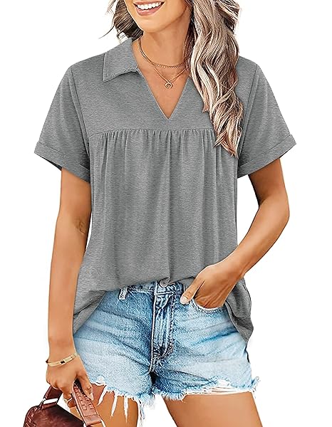 QVESELU WOMENS SUMMER DRESSY CASUAL COLLARED V NECK SHORT SLEEVE LOOSE FIT CUTE BABYDOLL TUNIC TOPS AND BLOUSES LADIES PLAIN COTTON WORK BUSINESS POLO T SHIRTS SPRING FALL FASHION 2023 GREY