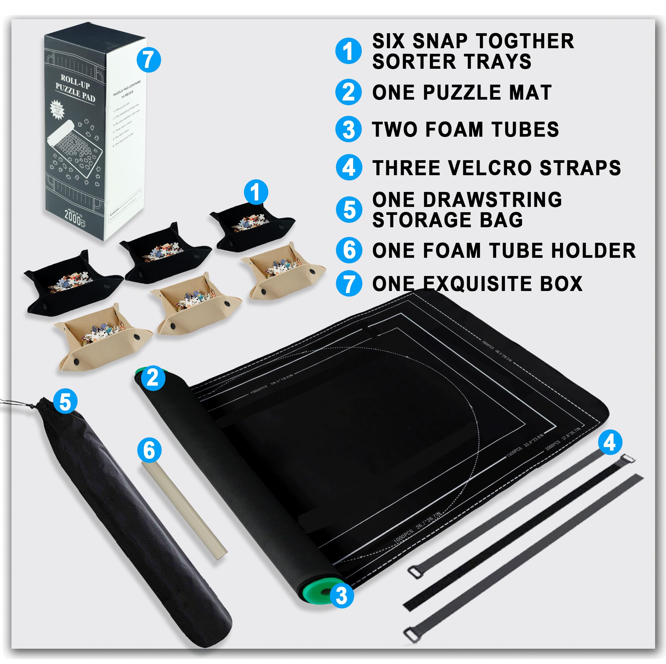 Jigsaw Puzzle Mat Roll Up, Portable Saver Pad 48” x 31” Up to 2000 Pieces, Puzzles Matt Rollup with Non-Slip Rubber Bottom & Smooth Top. (6 Puzzle Sorting Trays & 1 Storage Bag)