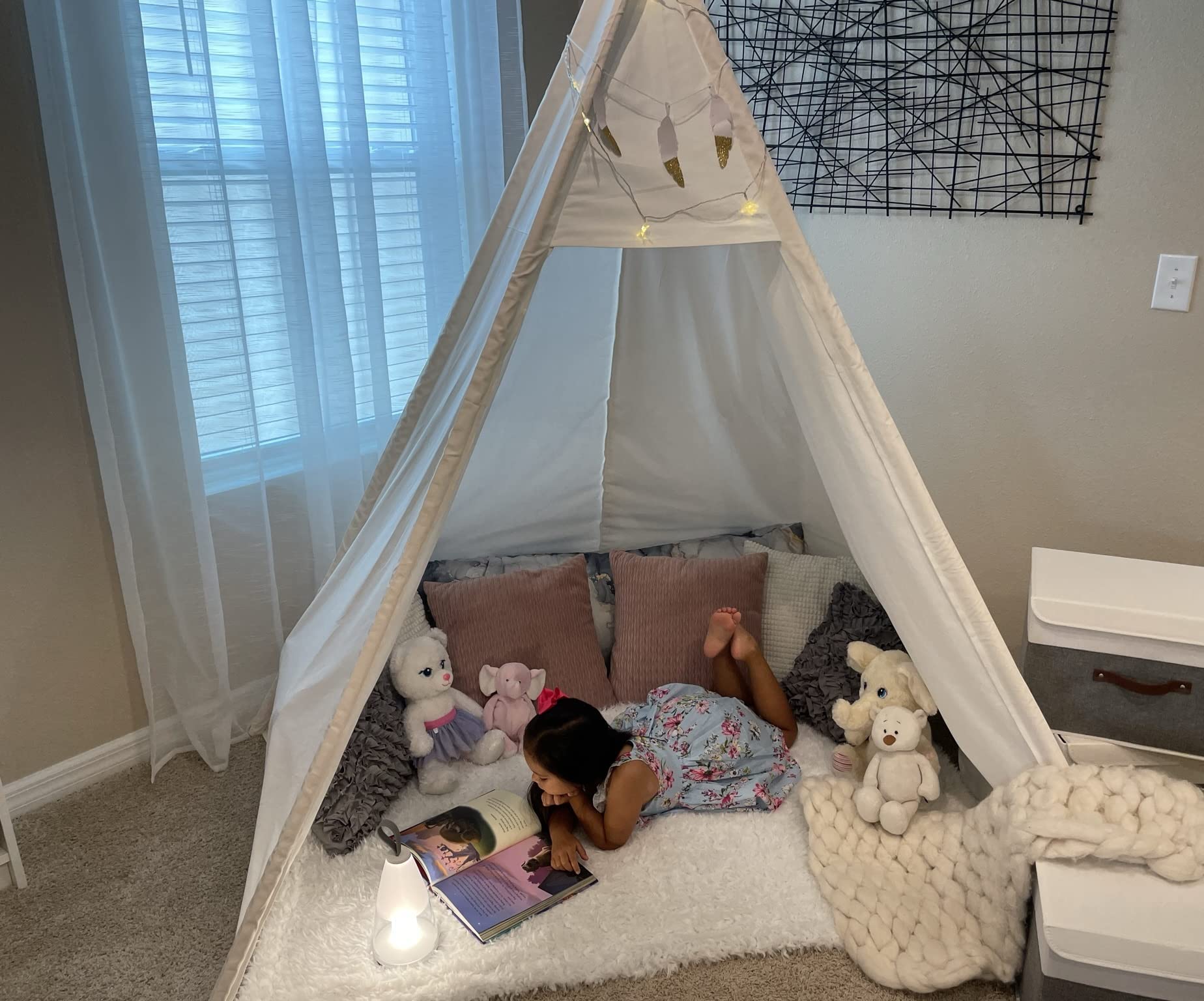 7' Large Teepee Tent for Adults, Play Tent with Carry Bag, 5 Sides Canvas Kids Teepee Tent Indoor & Outdoor Tents for Party, Wedding, Photo Prop, White
