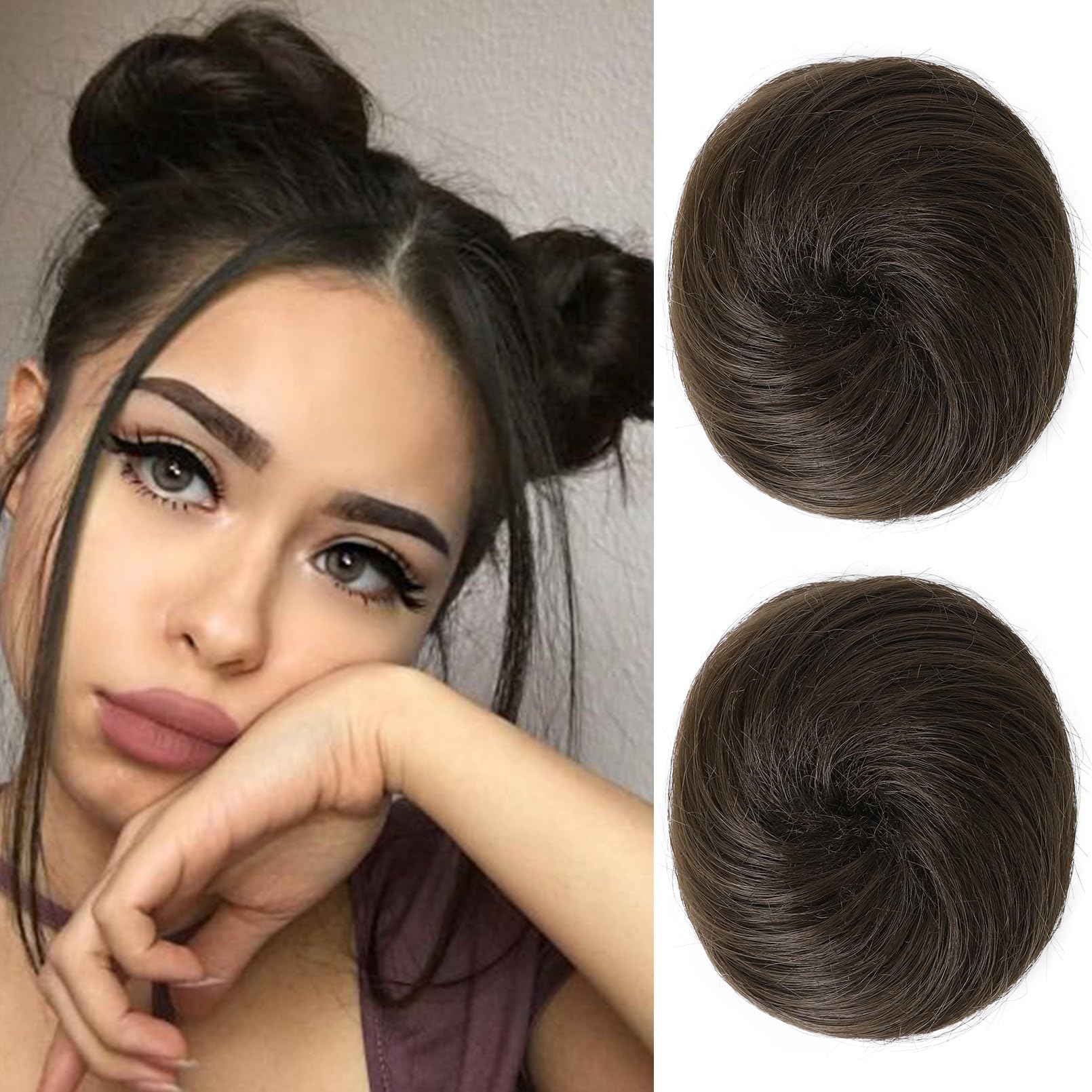 REECHO 2 PCS Mini Claw Clip in Messy & Cat Ears Hair Bun Extensions Wig Accessory Updo Hairpieces for Women Girls (Pack of 2-3" Straight, Medium Brown)
