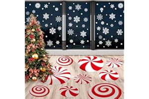 Whaline 108Pcs Christmas Peppermint Floor Decals Candy Snowflake Stickers Xmas Large Candy Wall Decals Winter Assorted Snowflake Stickers Floor Window Clings for Christmas Party Holiday Decor