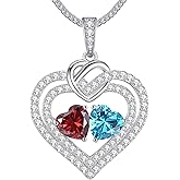 LOUISA SECRET Sparkling Double Heart Birthstone Necklaces for Women, 925 Sterling Silver Fine Jewelry, Pendant Heart Necklaces Birthday Anniversary Christmas Gift for Women Wife Mom Girlfriend Lady