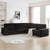UQGVML Black Sectional Couches for Living Room, Oversized Corduroy Couch | L Shaped Sofa, Corner Sofa with Hidden Storage Armrests, Built-in Cup Holders, USB