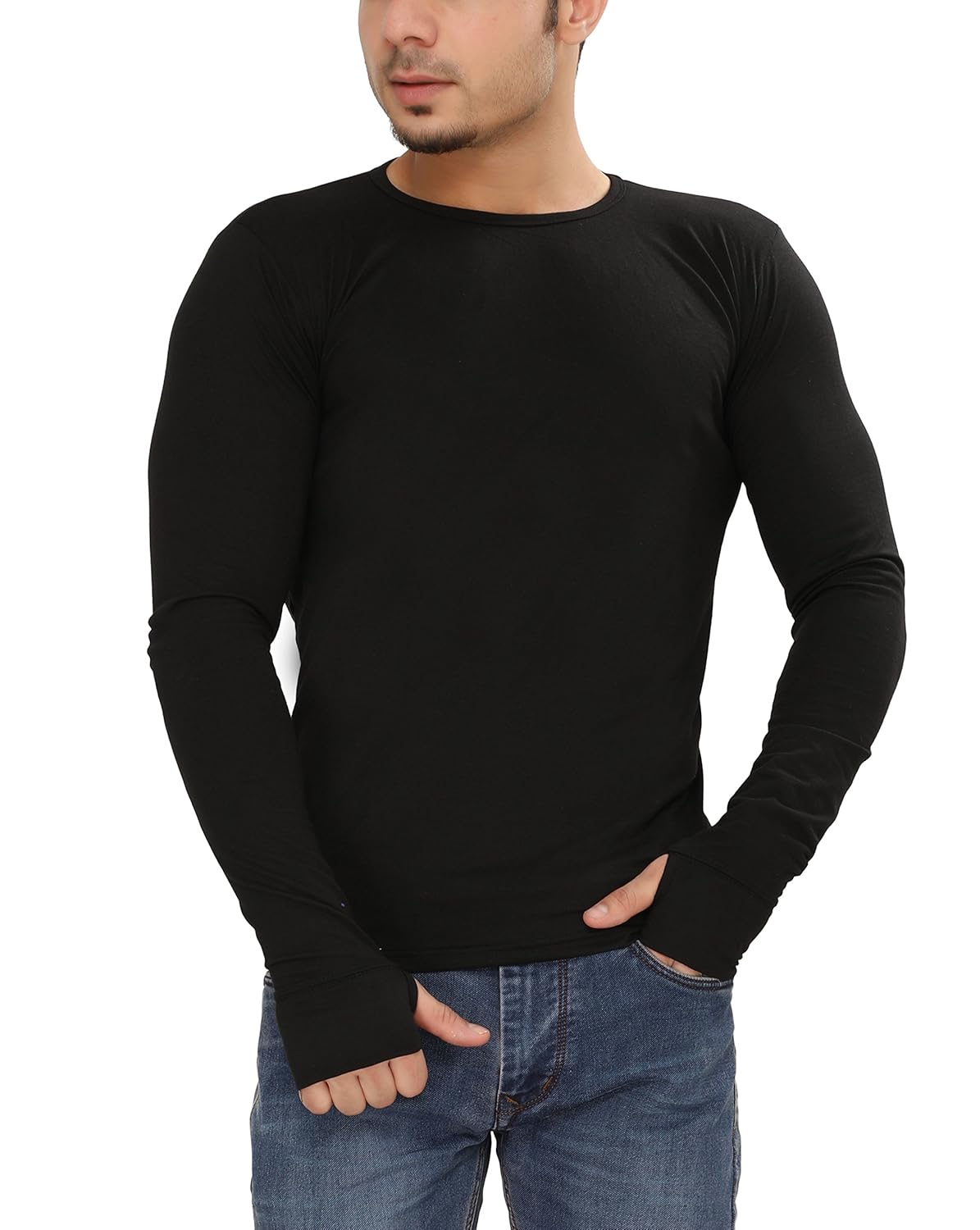 tees collection men's cotton full sleeve thumb hole cuffs black color basic t-shirt