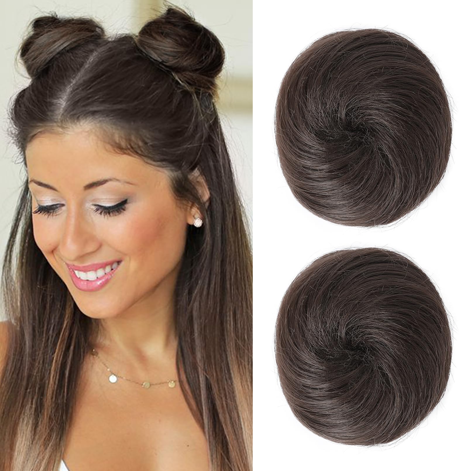 REECHO 2 PCS Mini Claw Clip in Messy & Cat Ears Hair Bun Extensions Wig Accessory Updo Hairpieces for Women Girls (Pack of 2-3" Straight, Cool Dark Brown)