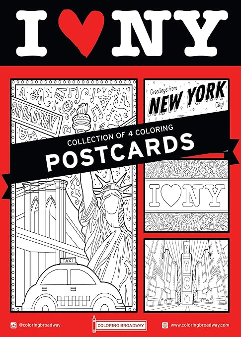 Amazon I Love Ny 塗り絵はがき カラーリングブロードウェイによる手描きのイラスト マットなカード用紙に印刷 5インチ X 7インチ 4個セット ポストカード 絵柄付はがき 文房具 オフィス用品
