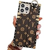 TRODINO Rectangle Leather Compatible with iPhone 15 Pro Max Case with Wristband Strap, Luxury Designer Phone Case for Women Girls, Hand Holder Kickstand Protective Bumper Cover 6.7” (Brown)