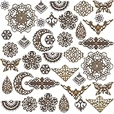 PH PandaHall 150pcs Antique Filigree Pendants 15 Style Tibetan Pendent Metal Connector Teardrop Flower Butterfly Shaped Linking Decoration Pendants for Hairpin Headwear Necklace Jewelery Making