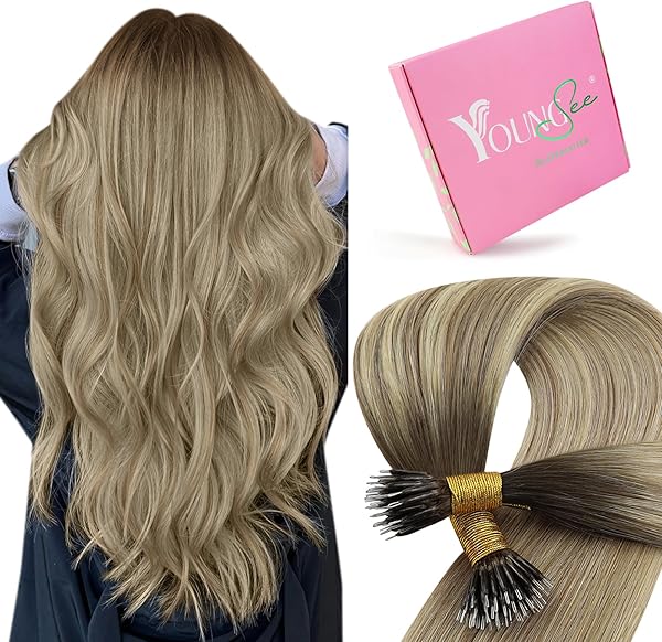 YoungSee Nanoring Extensions Echthaar Balayage 40 cm Nanoring Extensions Braun Balayage Blond Nano Bonding Hair Extension 1g Nano Ringe Haare Nano-loop Haarverlangerung 50g 3/8/22