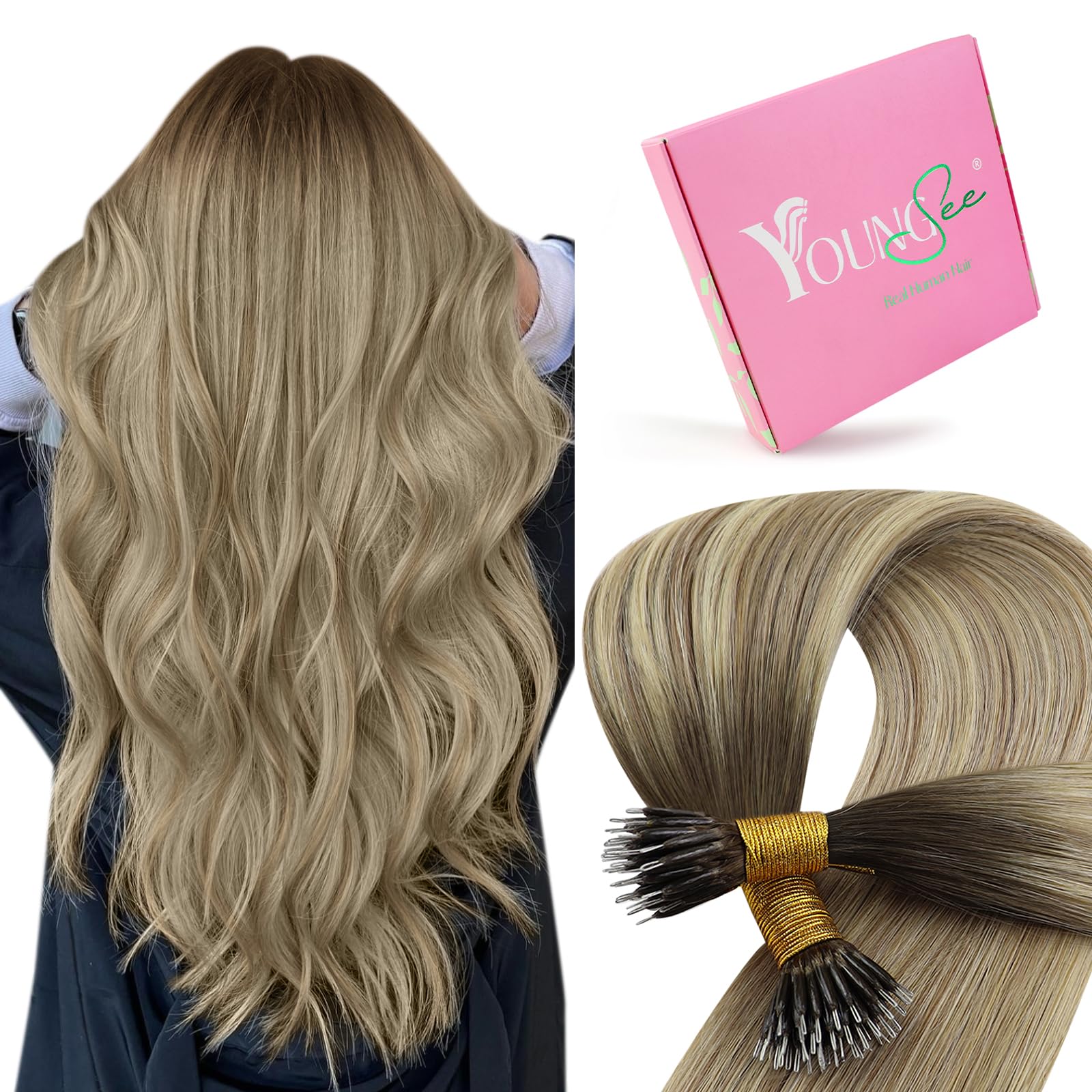 YoungSee Nano Ring Hair Extensions Brown 22inch Nano Bead Hair Extensions Dark Brown Ombre Light Brown with Blonde Remy Real Nano Extensions Human Hair for Wedding Cold Fusion Natural Looking 50s 50g — image 1