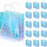 Sherr 16 Pcs Holographic Small Gift Bag Reusable Iridescent Clear Bags for Women PVC Plastic Goodie Holder with Handles for Shopping Christmas Holiday Gift Party Favor(7.87" x 7.87" x 3.15",Rainbow)
