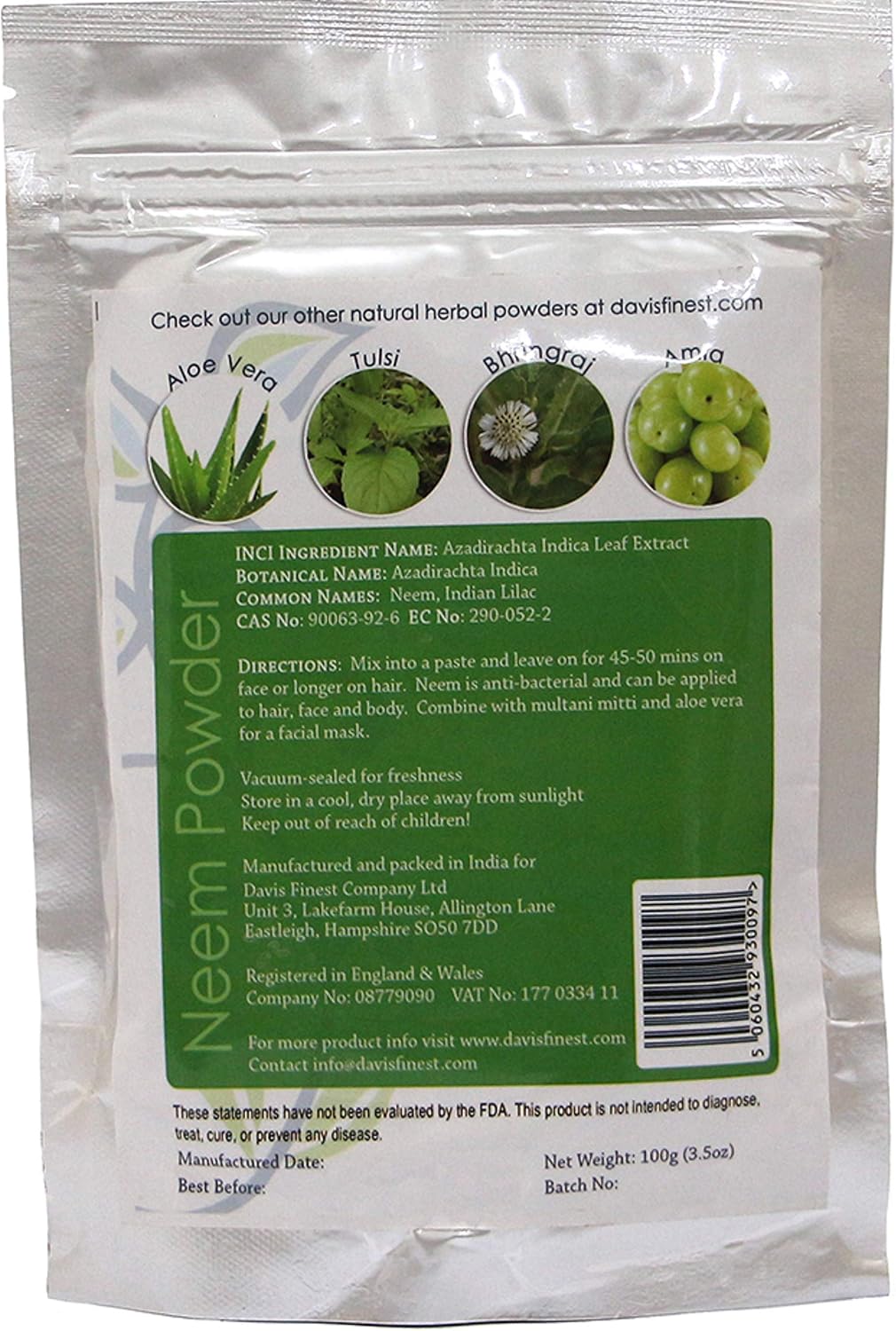 Davis Finest, Neem Leaf Powder, 100g, Organic Hair & Skin Care, Anti-Fungal, Anti-Dandruff, Anti-Itch - Image 5