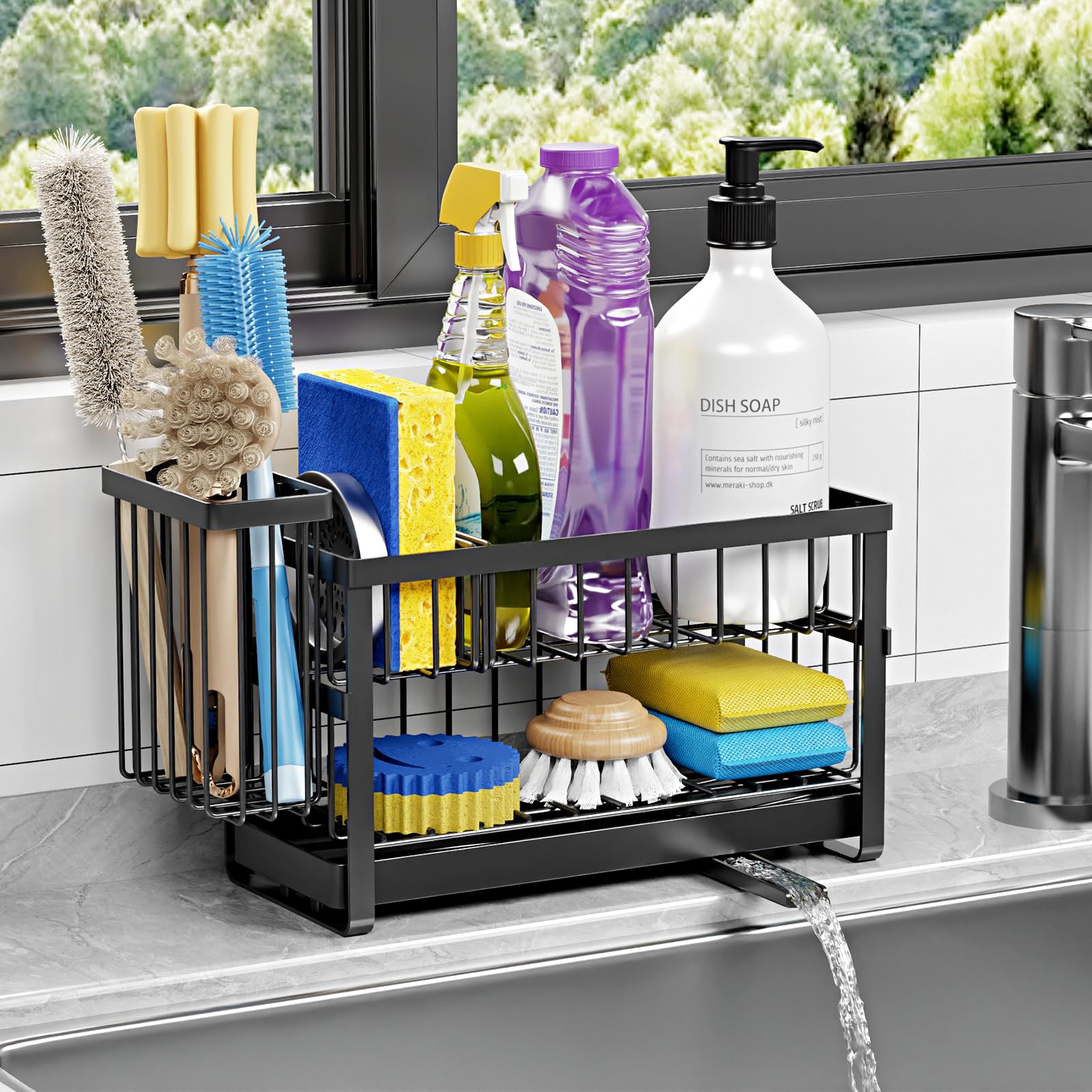 Photo 1 of 2-Tier Sponge Holder for Kitchen Sink, Self Drain Sink Caddy with Brush Holder for Counter, Rustproof Kitchen Organizers and Storage with Divider, Dish Soap Dispenser Home Accessories Rack