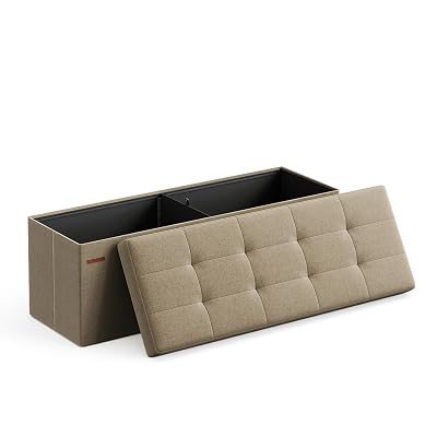 SONGMICS MAZIE Collection - 43 Inches Folding Storage Ottoman Bench, Ottoman Foot Rest, End of Bed Bench, Storage Chest, Load 660 lb, for Living Room, Bedroom, Entryway, Camel Brown ULSF077R01