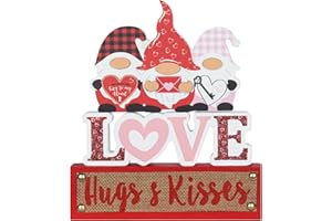 MEETYAMOR Valentines Day Decor, Gnomes Wood Block Valentines Decorations, Love Ornament Hugs & Kisses Sign Valentine Decor, Valentines Day Decorations for The Home, Living Room, Mantle, Dining Table