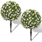 25" Artificial Boxwood Topiary Ball Trees with Daisy Flowers, Set of 2 UV Resistant No Fade Outdoor Faux Plants with Ground Spike, Fake Shrubs for Garden, Patio, Porch, Yard, Indoor Decor