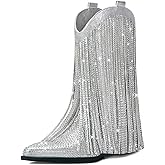 Bybmorto Fringe Cowboy Boots for Women – Mid Calf Cowgirl Boots with Star Studded, Pointed Toe and Chunky Heel, Perfect for Country Music Festivals