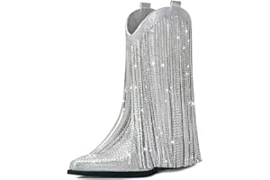 Bybmorto Fringe Cowboy Boots for Women – Mid Calf Cowgirl Boots with Star Studded, Pointed Toe and Chunky Heel, Perfect for Country Music Festivals