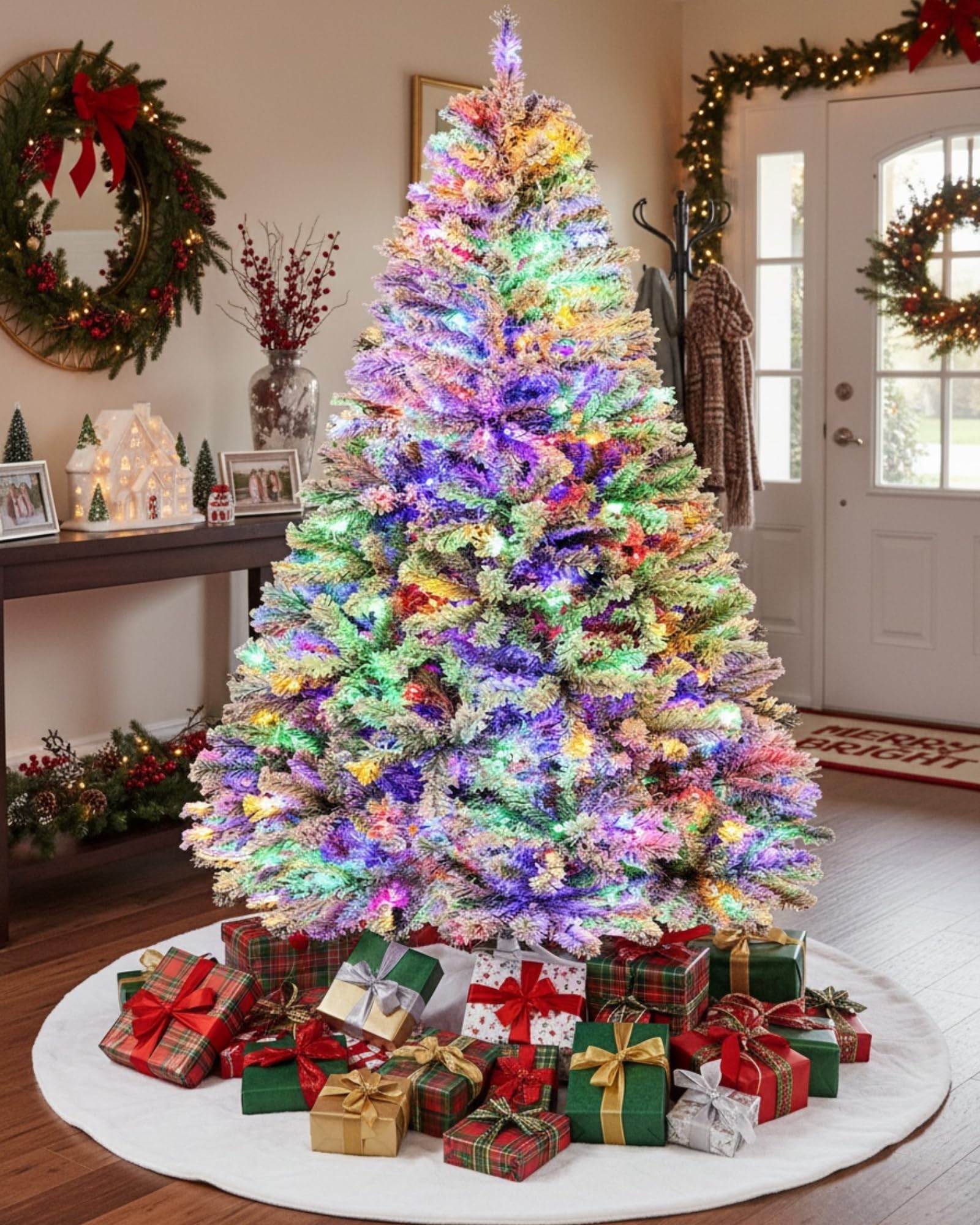 180cm Künstlicher Weihnachtsbaum mit Schnee & 250 RGB LED Beleuchtung,1000 Spitzen, Naturgetreu Tannenbaum mit Klappsystem & Metallständer, Schnellaufbau Christbaum für Weihnachtsdeko,Weiß