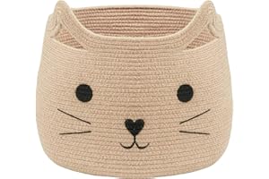 VK VK·LIVING Animal Baskets Large Woven Cotton Rope Storage with Cute Cat Design Laundry Organizer for Towels, Blanket, Toys, Clothes, Gifts – Cat Toy Box Pet or Baby Gift Baskets 15"Lx14H"