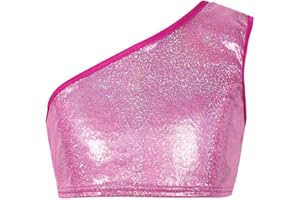 DRHOM Kids Girls One-Shoulder Sequins Dance Vest Jazz Hip Hop Stage Performance Tank Crop Tops Clothes Dancewear