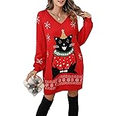 Kocowoo Women's Ugly Christmas V Neck Oversize Sweater Dress Long Sleeve Loose Holiday Knit Xmas Mini Dress.