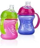 Nuby 2-Pack Two-Handle No-Spill Super Spout Grip N' Sip Cups, 8 Ounce, Pink and Purple