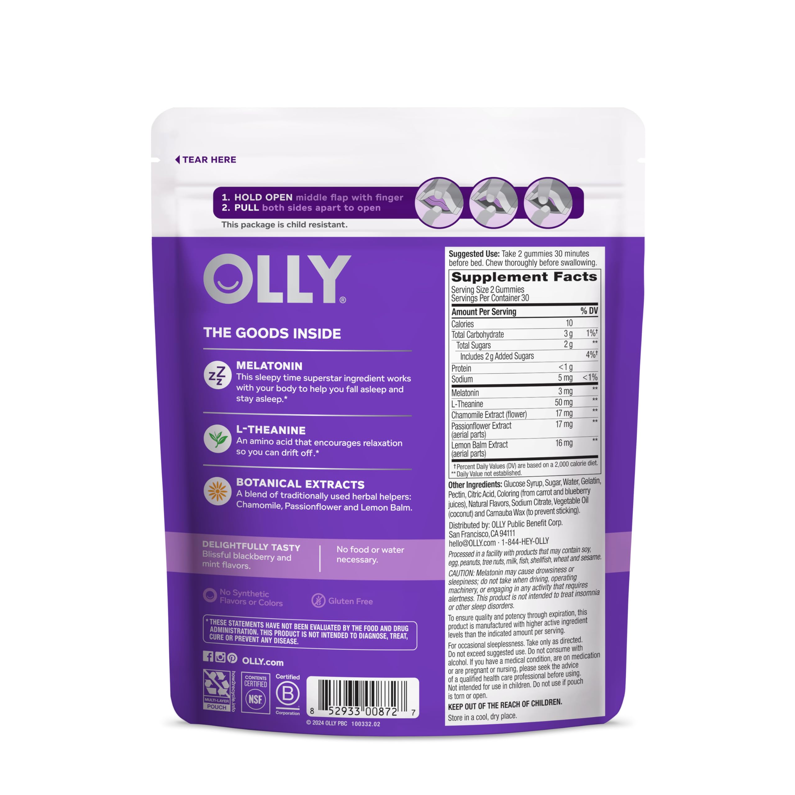 OLLY Sleep Gummy, 3 mg Melatonin, L-Theanine, Chamomile, and Lemon Balm Extracts, Blackberry Flavor, 30 Day Supply - 60 Count