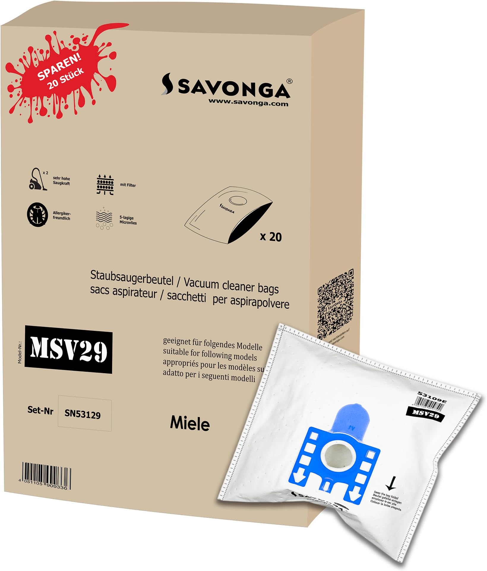 Savonga vacuum cleaner bag made of 5-layer nonwoven for Clatronic, Bomann, ECG, Rowenta, Kärcher, Progress, Vorwerk, Clatronic, Thomson, EIO, Sebo, Nilfisk, Fakir, Sencor, Thomson, Siemens, Grundig, Miele, Philips, Dirt Devil, Numatic, Tristar 9. 20x f. Miele F/J/M G/H/N uvm.