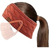 C.C Winter Fuzzy Fleece Lined Thick Knitted Headband Headwrap Epoxy Button for Face Masks (BHW-1) (A Button Cinnamon)