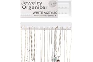 Boxy Concepts Necklace Organizer - Pack of 2, 10.5 x 1.5 in, White Wall Mount - 10 Diamond-Shaped Jewelry Hooks - 3M Adhesive & Necklace Holder - Versatile Multiuse & Earring Holder Organizer