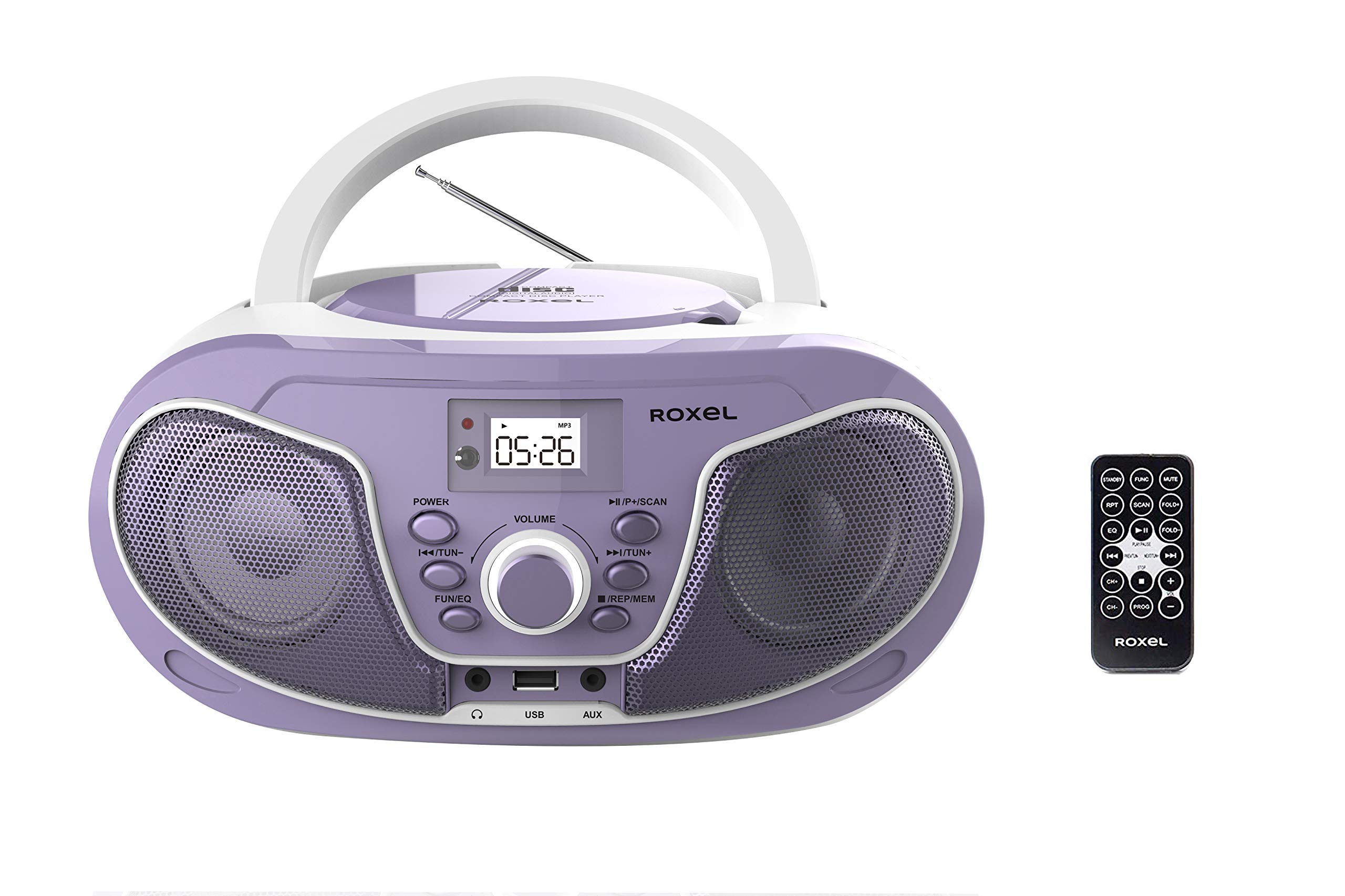 Roxel RCD-S70BT Portable Boombox CD Player with Remote Control, FM Radio, USB MP3 Playback, 3.5mm AUX Input, Headphone Jack, LED Display Wireless Music Streaming (Purple)