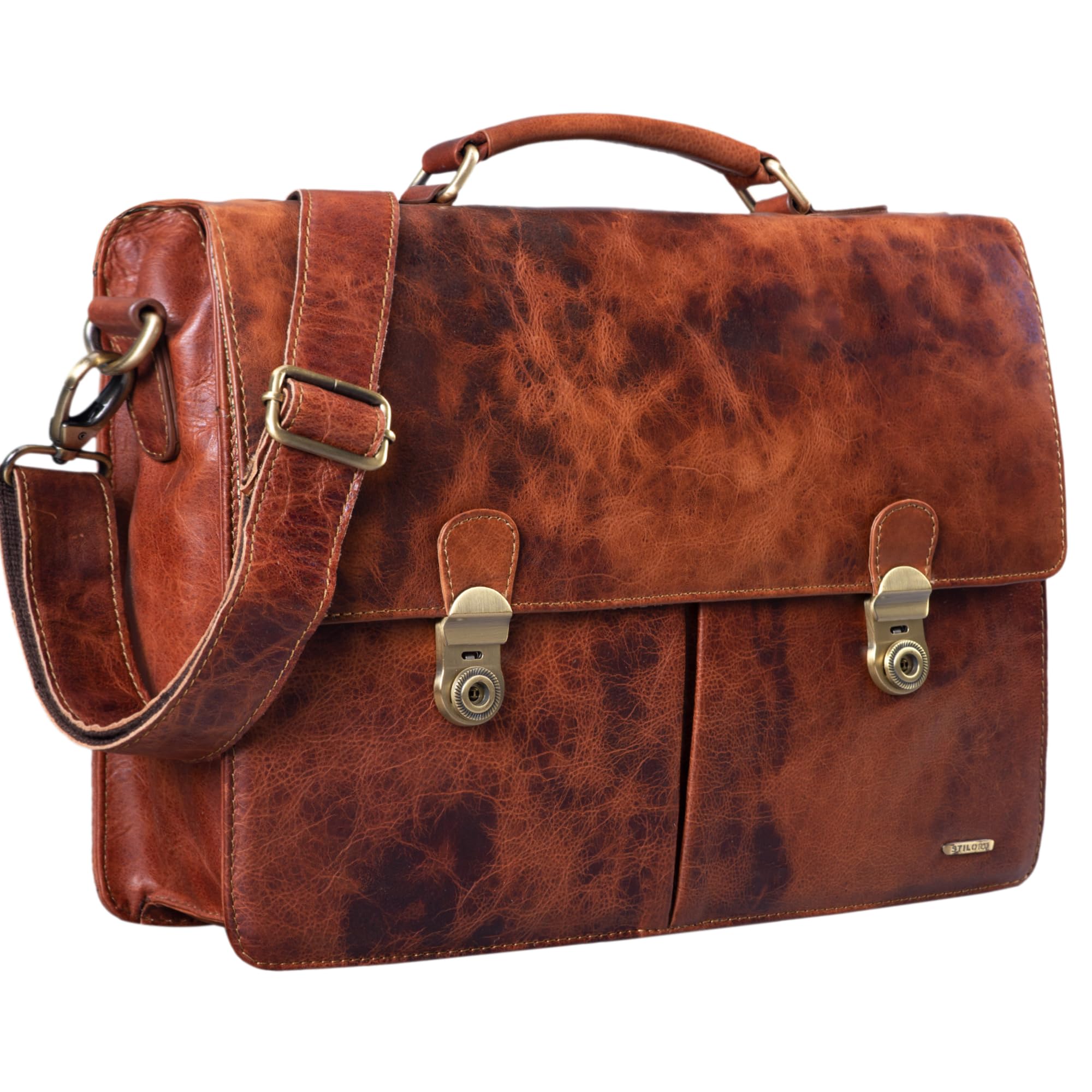 STILORD 'Arturo' Leather Briefcase Office Bag for Men Vintage Satchel Business Bag Classic for 13,3 Inch MacBook with Lock in Genuine Leather, Colour:Prestige - Brown