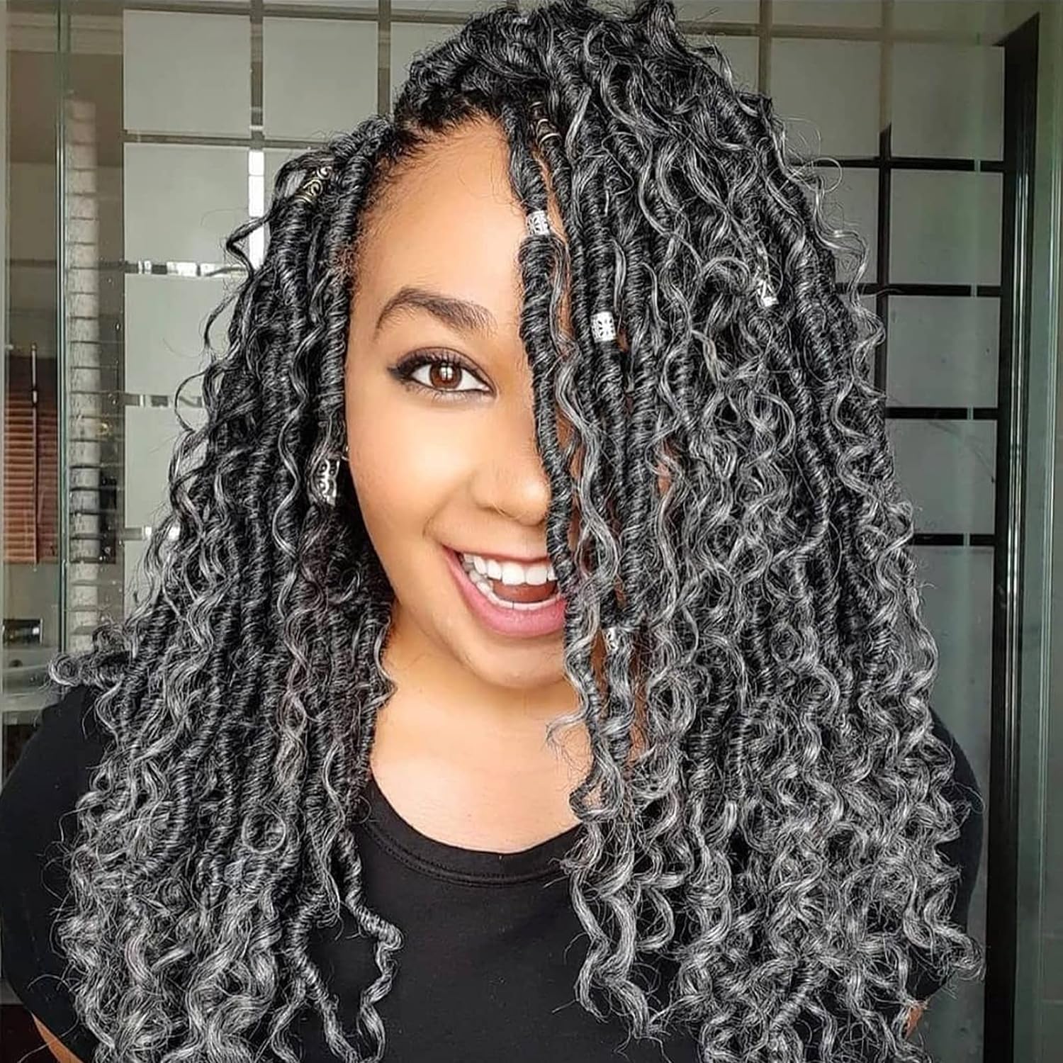 Photo 1 of Faux Locs Crochet Hair 14 Inch Goddess Locs Ombre Grey Crochet Hair for Women 6 Packs Gray Soft River Locs Curly Pre Looped Braids with Curly Ends Boho Hippie Locs Synthetic Hair Extensions, 1b/grey