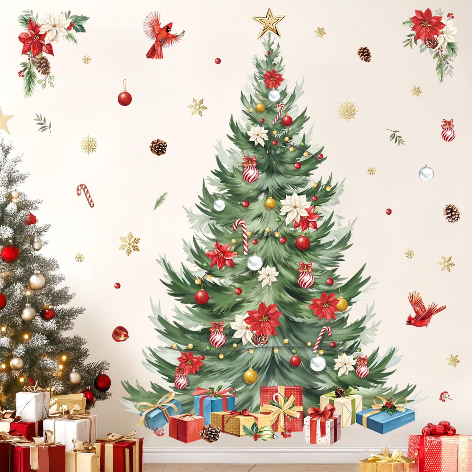 decalmile Large Christmas Tree Window Wall Decals Watercolor Christmas Tree Xmas Wall Stickers Christmas Flower Cardinal Window Clings Christmas Party Door Home Wall Decorations