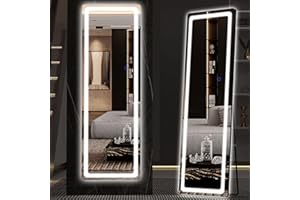 Hasipu Full Length Mirror with Lights, 56" x 16" LED Floor & Wall Mounted, Full Body Dressing Mirror for Bedroom, Living Room, Cloakroom – Round Black